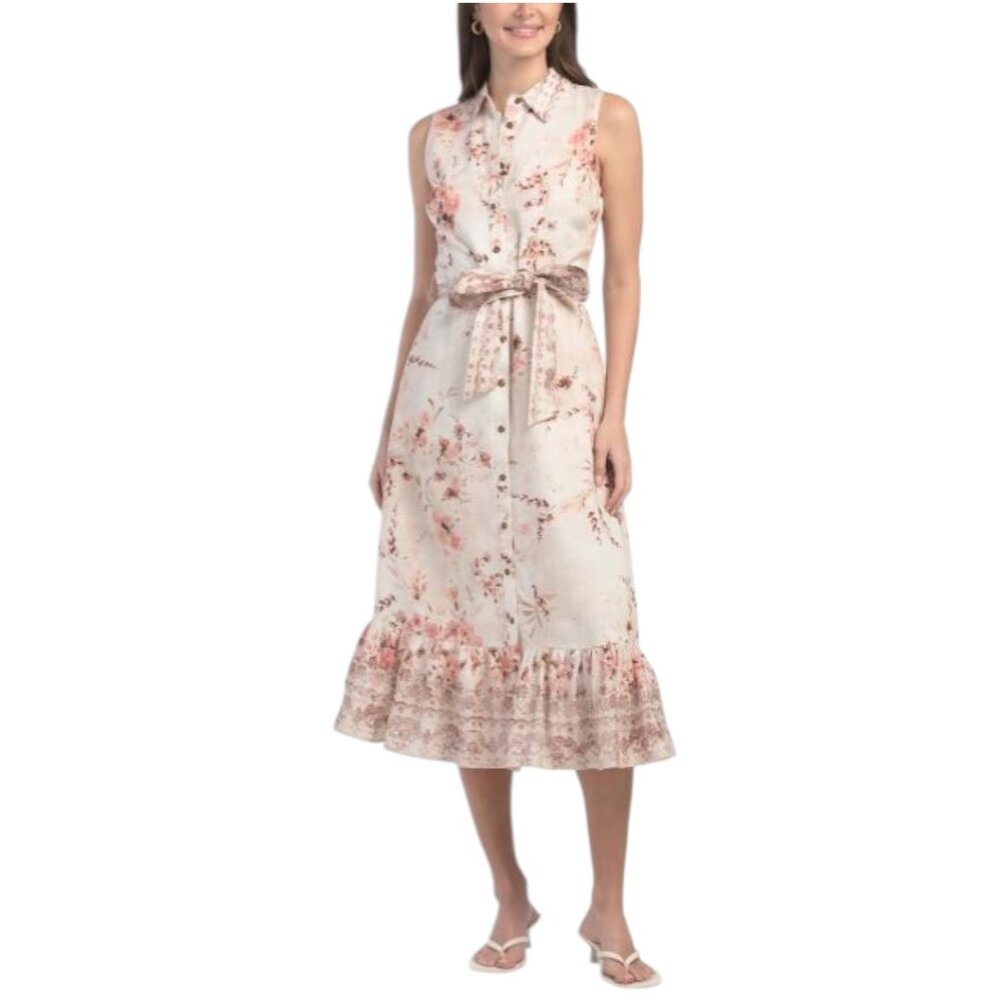 ELIE TAHARI Linen Blend Collared Button Down Dress With Waist Tie